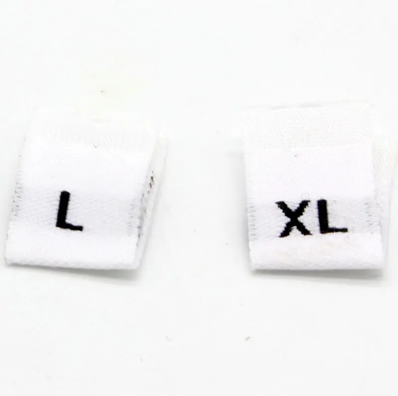 Etichette di dimensioni del marchio di abbigliamento tessute personalizzate ferro su etichette di dimensioni in cotone per magliette e abbigliamento