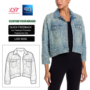 Veste en jean délavée bleu clair pour femme, coupe courte, à boutons, col à revers, entièrement ornée de strass, style streetwear pour soirée - Product Image 1