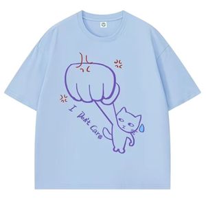 T-shirt a maniche corte in cotone con design creativo e divertente in stile americano, con scritta 'I Don't Care Cat Attitude' - Product Image 3