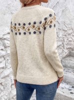 Damen Gemütliche Cremefarbene Fair Isle Geometrische Strickjacke, Kontrastbesatz Knopfleiste Rundhals-Strickpullover mit Geripptem Saum, OEM/ODM