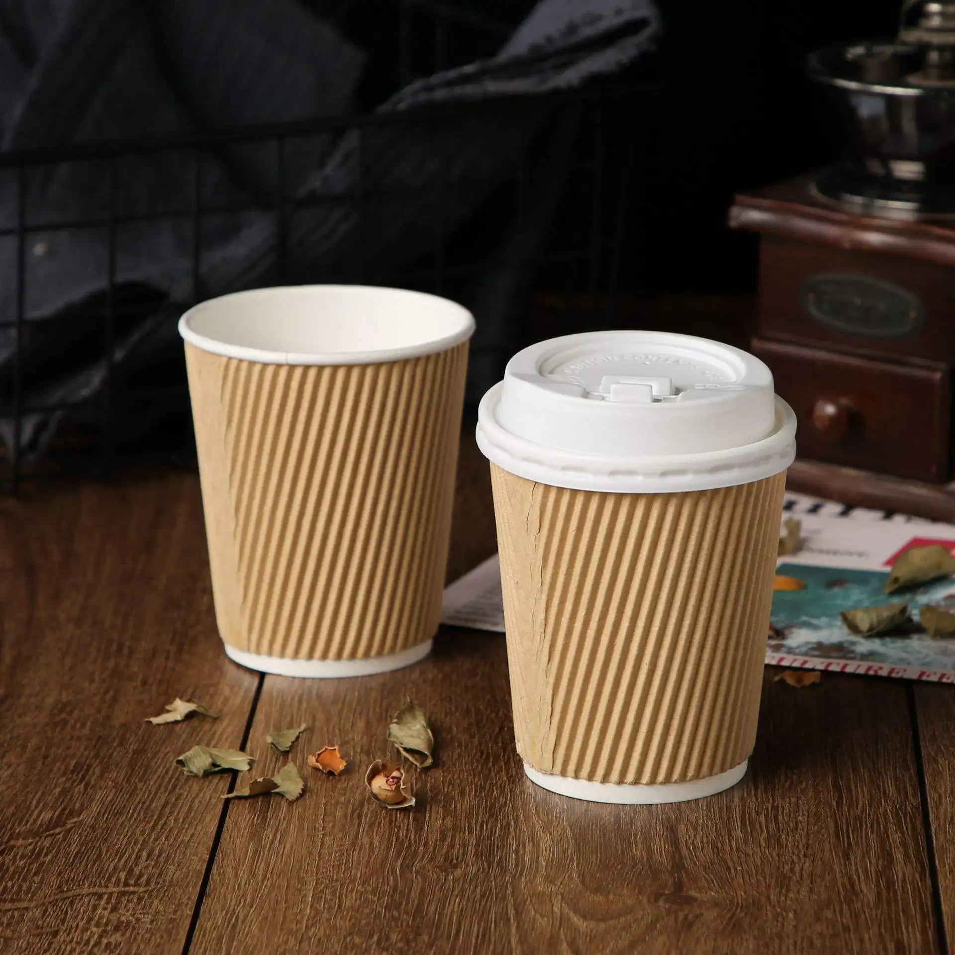 PLA desechable biodegradable personalizado individual doble pared 8 10 12 16 18oz papel ondulación taza y tapas para llevar café leche bebidas