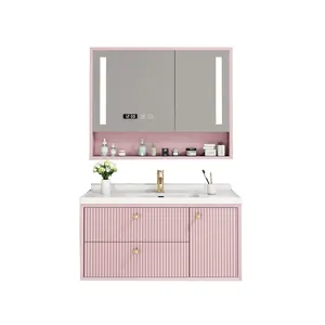 New design whosale wall mounted pink color high glossy painting bathroom vanity with mirror