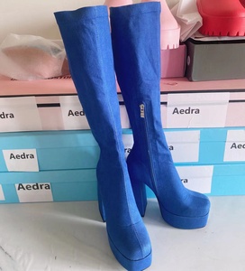 Bottes en denim extensible à bout carré et talon épais, hauteur genou, plateforme, pour femme, confortables, solides, tendance, hiver - Product Image 6