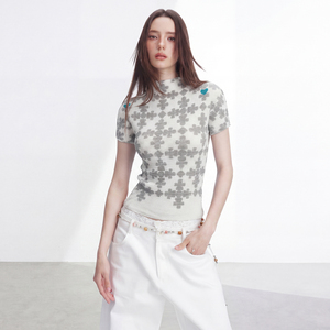 Short Sleeve Loose Fit Women's Knitted Chiffon Turtleneck Crop Top Geometric Flowers <b>Y2K</b> Eco-Friendly Vintage Breathable Spring - Product Image 4
