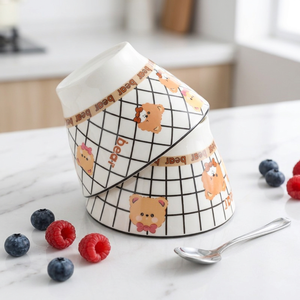 Bol à riz en céramique style mignon dessin animé motif ours à carreaux, design chapeau de paille, 5 pouces, compatible micro-ondes, anti-brûlure, épaissi, écologique - Product Image 3
