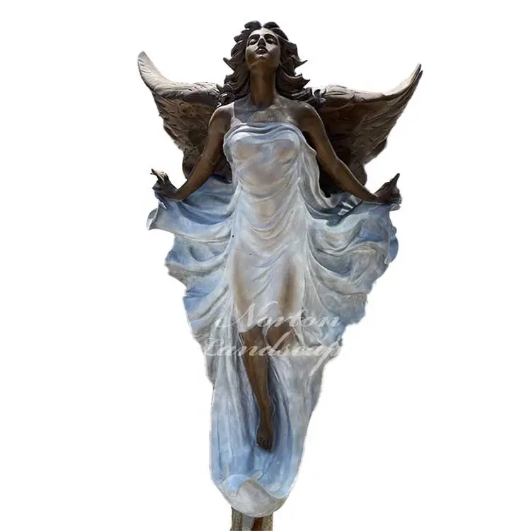 高品質の手彫りの大きな真鍮ブロンズ翼のある天使の庭の像の彫刻