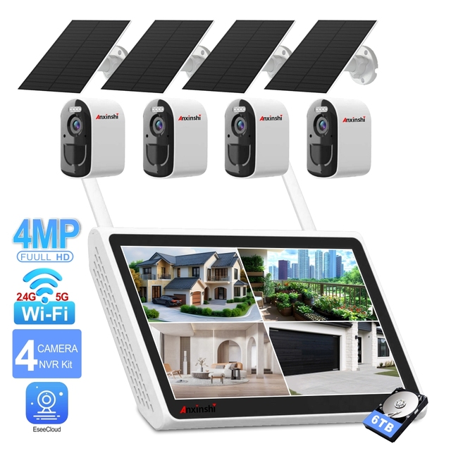 4CH Mini Solar Security Camera System Wireless Outdoor Built in Wireless NVR with Monitor Display  Solar Camera System