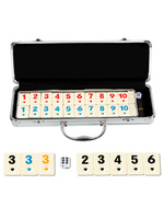 Jeu de dominos personnalisé en usine, 106 pièces, couleur ivoire, marque JUXING, jetons de Rummy, logo personnalisé, support en plastique noir, étui en aluminium, boîte en métal