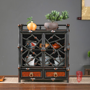Bamboo Tea Cabinet Lacquered Bamboo Woven Storage Display Rack Square Shape Solid Wood Tea Ceremony <b>Tabletop</b> Cabinet - Product Image 4