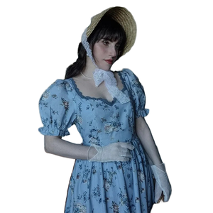 <span class=keywords><strong>Robe</strong></span> vintage à manches bouffantes à imprimé floral bleu pour femmes, <span class=keywords><strong>robe</strong></span> en polyester de style régence personnalisable, tenue élégante pour demoiselle d'honneur - Product Image 2
