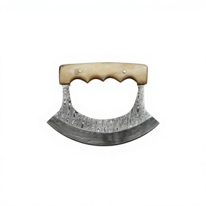 Custom Handmade Damascus Steel Ulu <b>Knives</b> <b>Bone</b> <b>Handle</b> With Leather Sheath Chopping and Cutting Chef Pizza Cutter <b>Knife</b> - Product Image 4