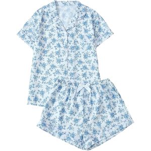 Ensemble pyjama deux pièces pour femmes, imprimé floral, manches courtes, chemise boutonnée, short à nœud, vêtements de nuit, vêtements de détente - Product Image 1