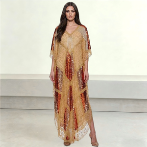 <span class=keywords><strong>Robe</strong></span> Kaftan Modeste <span class=keywords><strong>de</strong></span> Luxe Dorée et Bronze à Paillettes, Col en V, Manches Chauve-Souris, Abaya Musulmane, Robes Longues pour Invitée <span class=keywords><strong>de</strong></span> <span class=keywords><strong>Mariage</strong></span> et Soirée, ODM - Product Image 1