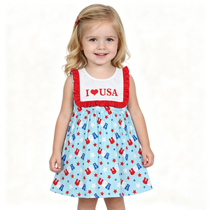 มีสินค้าในสต็อก I LOVE USA Stars Girls ชุดเดรสวันชาติอเมริกา 4 กรกฎาคม ขายส่งเสื้อผ้าเด็กเล็ก ราคาโรงงาน เสื้อผ้าแฟชั่นเด็กบูติก - Product Image 1