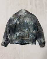 Jaket Trucker Denim Hitam Pria Model Boro Patchwork Jahitan Tangan Sashiko Cetakan Seni Abstrak Tepi Berjumbai Distressed Streetwear Outerwear