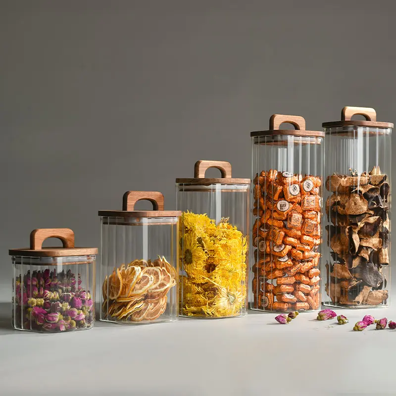 H다중 사양 수제 사각 붕규산 유리 식품 아카시아 나무 뚜껑이있는 향신료 설탕 스파게티 보관 용기