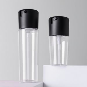 Vente en gros de flacons pulvérisateurs ronds en PET transparent de 50 ml et 100 ml, tête de pompe en plastique noir, impression d'écran, <span class=keywords><strong>produit</strong></span> pour le visage, bouchon à vis, étanchéité - Product Image 2