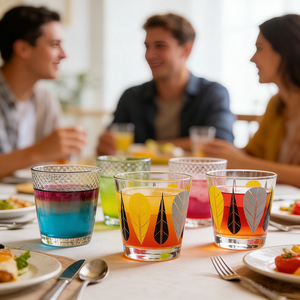 Tasse en verre transparente au design élégant de feuilles jaunes et grises, parfaite pour la maison et les cafés - Product Image 5
