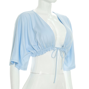 Viviblook Q26TP061 Camiseta de verano con cordones, informal, de color liso, con cordones, de manga corta, para mujer - Product Image 2