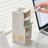 Boîte de rangement de bureau multi-compartiments en PP couleur personnalisée, organiseur vertical pour maquillage et stylos, texture simili cuir pour table de maquillage ou de bureau