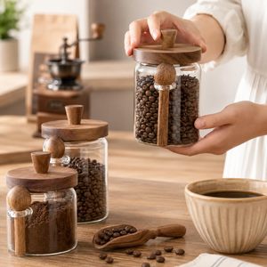 Transparent High Borosilicate Glass <b>Jar</b> with Wooden Lid Spoon <b>for</b> Coffee Bean Tea <b>Kitchen</b> Grains <b>Storage</b> Food Safe Sealed <b>Jar</b> - Product Image 3