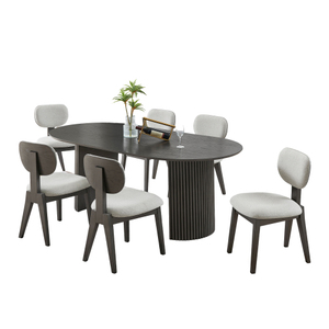 OE HOME 7-Piece 80" Oval Gray <b>Oak</b> Finish Dining Table Dual Pedestal Base Portable <b>Light</b> Gray Fabric Chairs (6-Seater No - Product Image 2