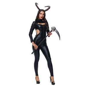 Combinaison de démon en cuir noir pour femme avec cornes et faucille, costume sexy pour Halloween - Product Image 2
