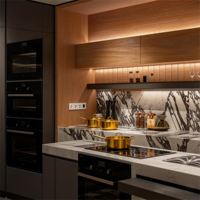 Meubles de cuisine modulaires européens modernes JINGSHUN avec éclairage LED, plan de travail en marbre artificiel, meubles en bois, robinet certifié CE