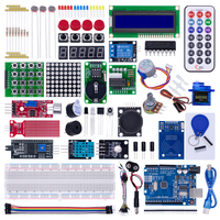 Kit de démarrage électronique complet pour projets DIY, avec carte de développement, écran LCD, capteurs, moteurs et boîte de rangement.