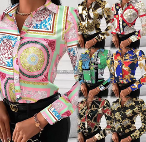 Camisa de manga larga de satén barata de alta calidad para mujer, decoración bordada, botón frontal, estampado informal, abertura lateral, cuello vuelto - Product Image 3