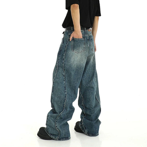 Jeans amples en denim coupe droite de haute qualité, personnalisés OEM, pour hommes, décontractés, printemps-automne, tissés, effet vieilli, poids lourd - Product Image 3