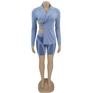 Otoño <span class=keywords><strong>cielo</strong></span> azul trajes de mujer Chaquetas con cordones de manga larga Blazer malla pantalones cortos 2 uds conjunto Sexy <span class=keywords><strong>se</strong></span>ñoras abrigo trajes de dos piezas - Product Image 3