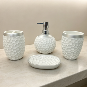 Ensemble d'accessoires de salle de bain blancs en relief nid d'abeille <span class=keywords><strong>3D</strong></span> : distributeur de <span class=keywords><strong>savon</strong></span>, gobelet, <span class=keywords><strong>porte</strong></span>-brosse à dents, <span class=keywords><strong>porte</strong></span>-<span class=keywords><strong>savon</strong></span> pour comptoir de salle de bain - Product Image 5