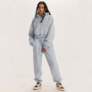 New Arrival Winter Autumn Cropped Breathable Lined Hoodie Sweatshirt Jogger Sets Women Long Sleeve Workout Crop Top Hoodie - Product Image 5