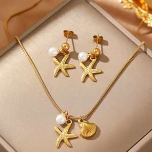 עגילי שרשרת לנשים נירוסטה כוכב ים מעטפת פנינה סט תכשיטים - Product Image 2