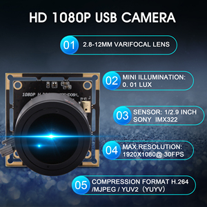 Webcam USB Full HD 1080P H.264 à faible luminosité avec microphone grand angle 95° et objectif M12 2.8-12mm pour diffusion en direct - Product Image 2
