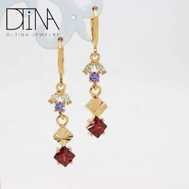 DTINA Geometric Long earring fashion Red crystal gem gold plated earrings