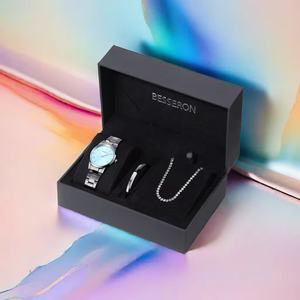 Ensemble de montres de luxe en or rose pour femmes, bracelet en acier inoxydable de haute qualité, cadran à aiguilles, logo personnalisé, ensemble cadeau de mode pour femmes - Product Image 3