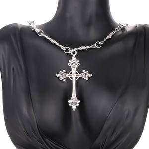 Collier ras du cou gothique rétro avec pendentif croix en argent tibétain et diamant blanc, bijoux de mode - Product Image 1
