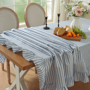 Mantel Rectangular de Algodón y Lino con Volantes, Rayas Teñidas en Azul Nórdico, de Lujo, Personalizado, al por Mayor, para Comedor en el Hogar - Product Image 4