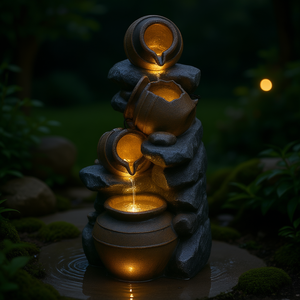 Fontaine d'eau décorative solaire d'extérieur à 4 niveaux en résine, pots en cascade, pierres empilées, lumières LED, modèle D0100XF3P2P - Product Image 2