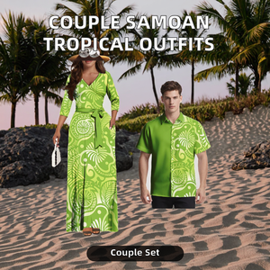 Conjunto de Pareja de Poliéster, Vestido Samoano con Cuello en V y Bolsillo, Camisas Casuales de Estilo Polinesio, Estampado Tropical Hawaiano, Personalizado, Unisex, Verano - Product Image 2
