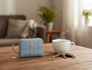 Portafoglio da donna con doppia cerniera, di piccole dimensioni, in microfibra, in pelle sintetica, stile minimalista, con cinturino da polso - Product Image 2