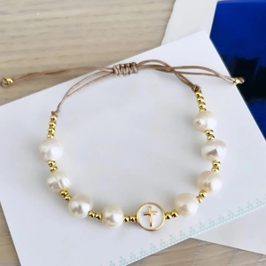 KKBEAD Juego de Pulseras de Perlas Naturales Chapadas en Oro de 18K, Resistentes al Agua, para Mujer, Pulsera de Lujo con Circonia y Cruz de la Virgen María, Cristiana - Product Image 6