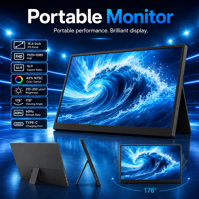 Customizable 15.6 Inch FHD 1080P IPS Monitor Built in Adjustable Stand Type C External Display for Laptop Portable Monitor