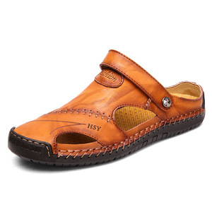 HSY Sandalias de cuero para hombre con punta abierta, planas, informales, transpirables, con suela de goma, zapatos de verano - Product Image 5