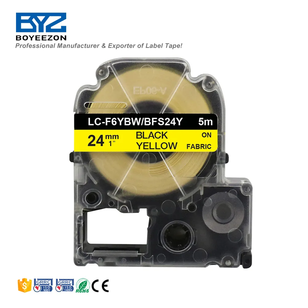Kumaş demir-on etiket bant LC-F6YBW/BFS24Y genişliği 24mm X uzunluk 5m siyah sarı yazıcı şerit üzerinde uyumlu 24 ay