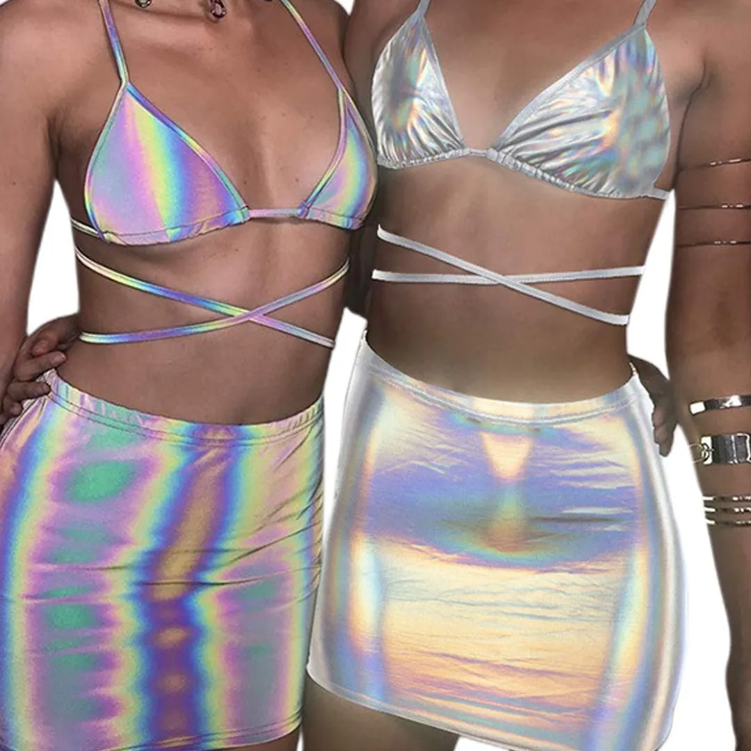 Rave Carnival Reflection Bikini Suit Music Festival Party Wear Reflective Sexy Club Night Bodycon For Women