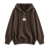 Pull-over en tricot épais marron à capuche avec boutons, personnalisé ODM, pour femme, vêtements de créateur, collection hiver
