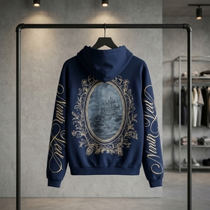 Sweat à capuche zippé doublé pour homme, coupe oversize, motif imprimé Jakis Christ the Ninth Veil Script, style streetwear gothique, bleu marine - Product Image 4